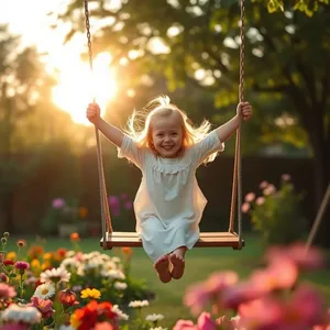good morning sister images greeting image featuring soothing girl swinging with arms wide - good morning sister images with morning swing in flower garden