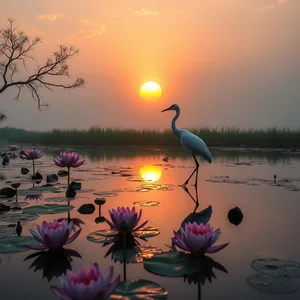 captivating beautiful sunrise reflecting on still pond, crane bird - good morning sister images — good morning sister images image WhatsApp picture