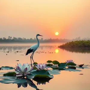 good morning sister images wallpaper graphic featuring elegant lotus flowers with beautiful sunrise reflecting on still pond (crane bird - good morning sister images)