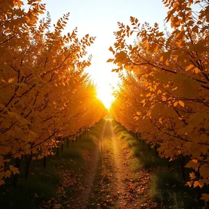 tunnel of warm colors - good morning sunshine images with sun rising through arch of golden autumn leaves for good morning sunshine images greeting