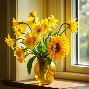 morning daffodils and sunflowers in golden vase, uplifting good morning sunshine images image WhatsApp picture