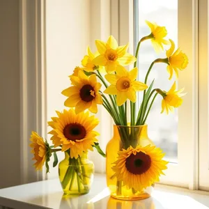 bright yellow energy - good morning sunshine images with morning daffodils and sunflowers in golden vase for good morning sunshine images wallpaper