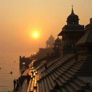 good morning suprabhat images with golden sunrise and Sanskrit blessing - free download, warm good morning suprabhat images design greeting card